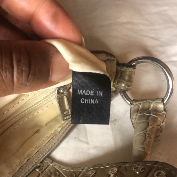 GUESS 1992 Vintage tan/silver and bronze rhinestone/snakeskin mini handbag. - Picture 10 of 12